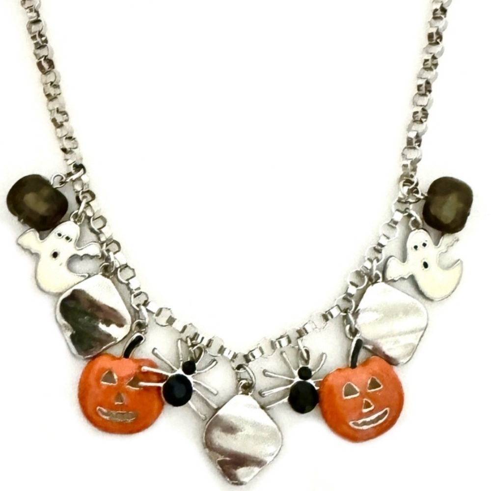 VINTAGE • Halloween Spooky Ghost Pumpkin Spider Charm Fun Necklace